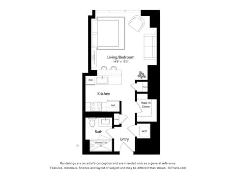 Floor plan for studio, 1 bath, 515 sqft